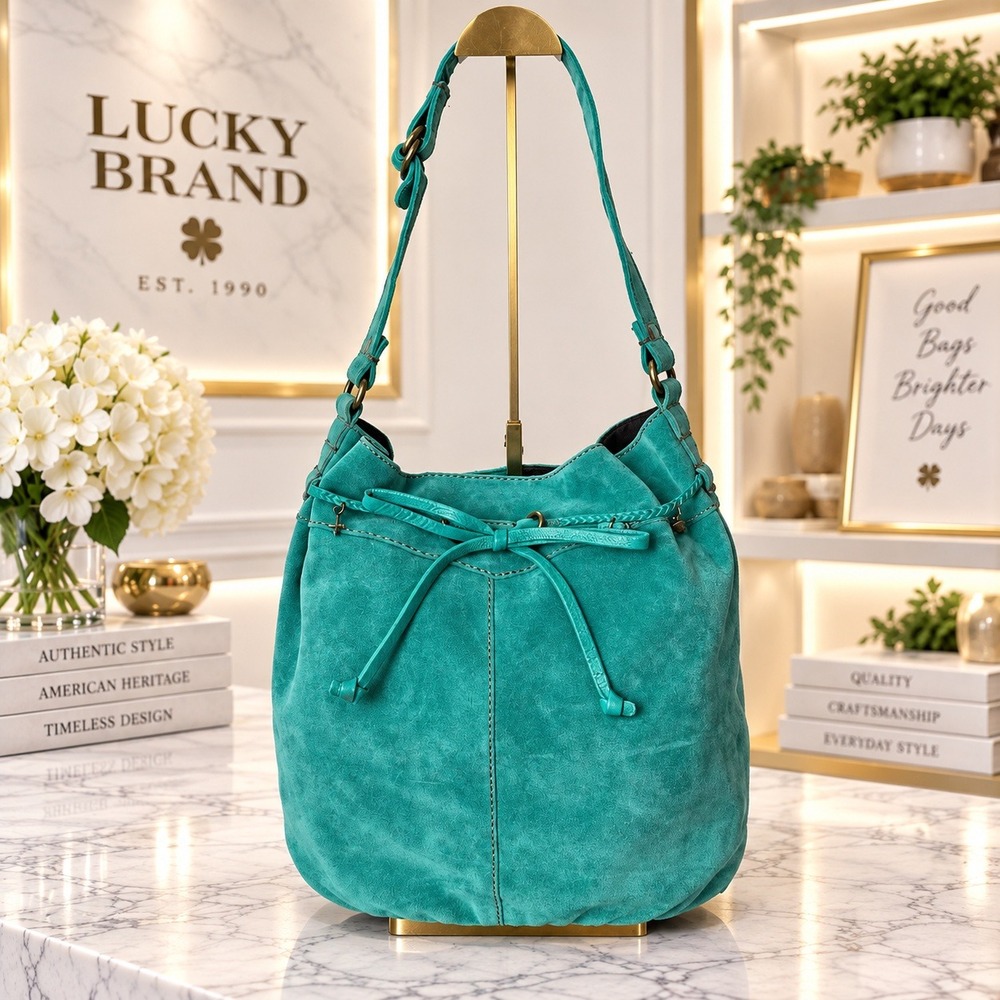 Lucky Brand Teal Turquoise Suede Leather Drawstring Bucket Bag Boho Hobo Bag